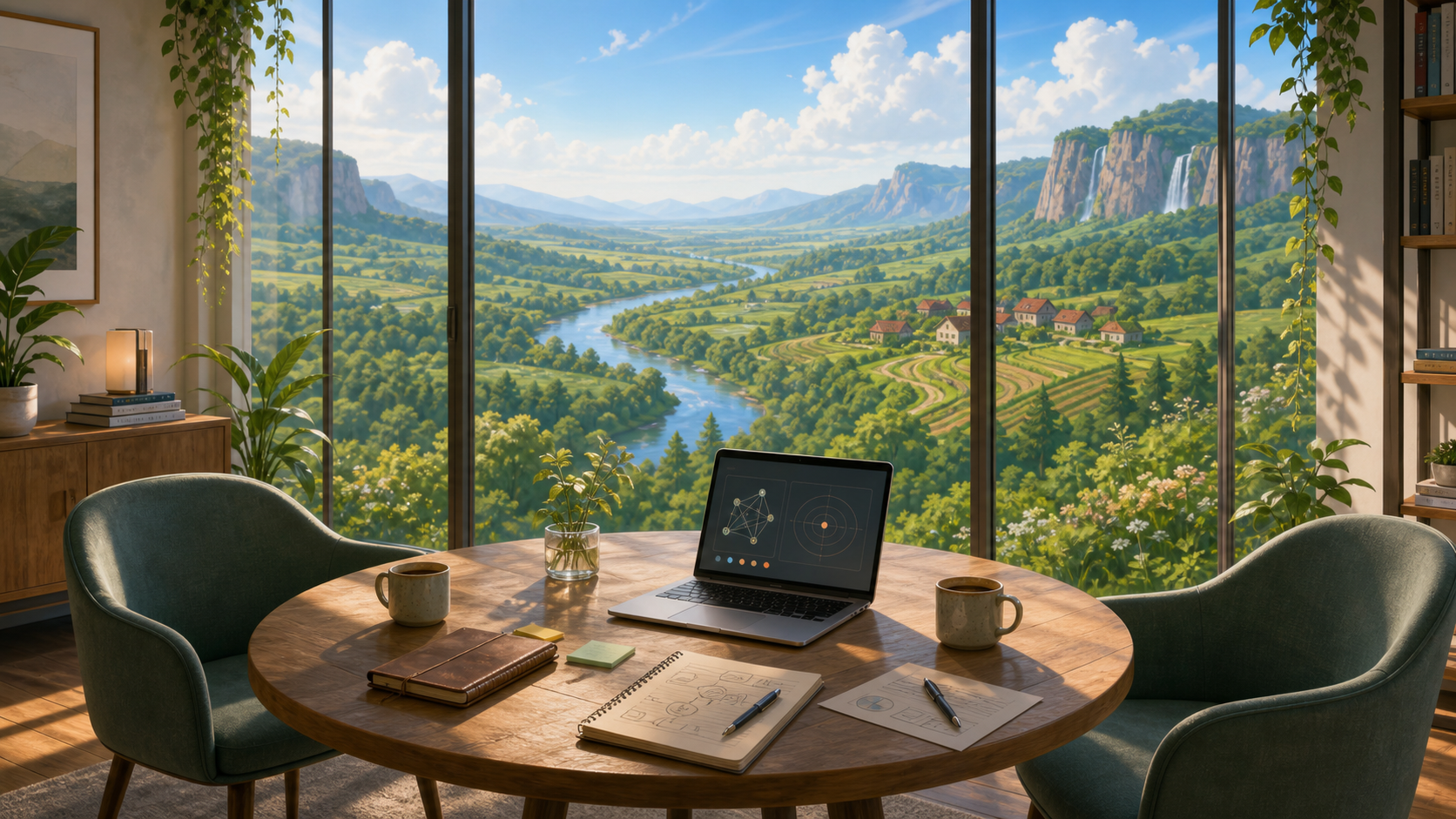 Startgesprek tafel met laptop en landschap in Forgelab stijl