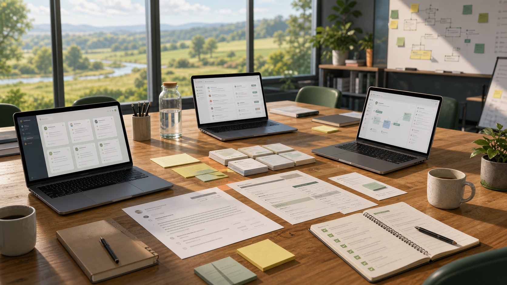 Praktische Ai-trainingssessie met klantvragen, offertes en workflowmateriaal op tafel