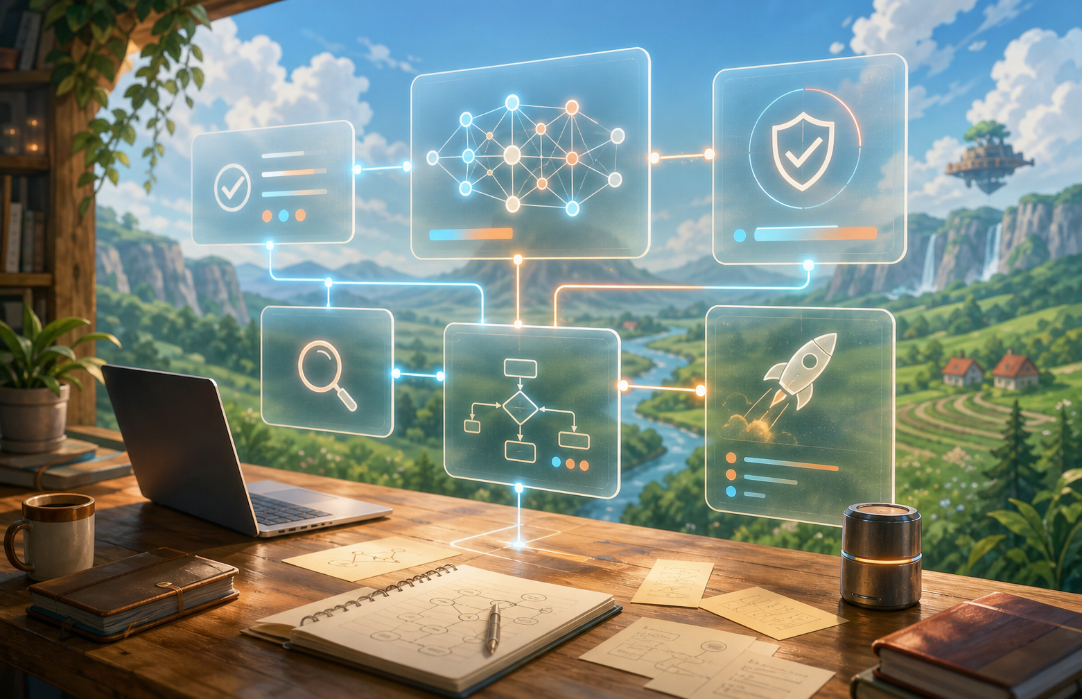 Ai-workflow command panel met taken, controlepunten en output