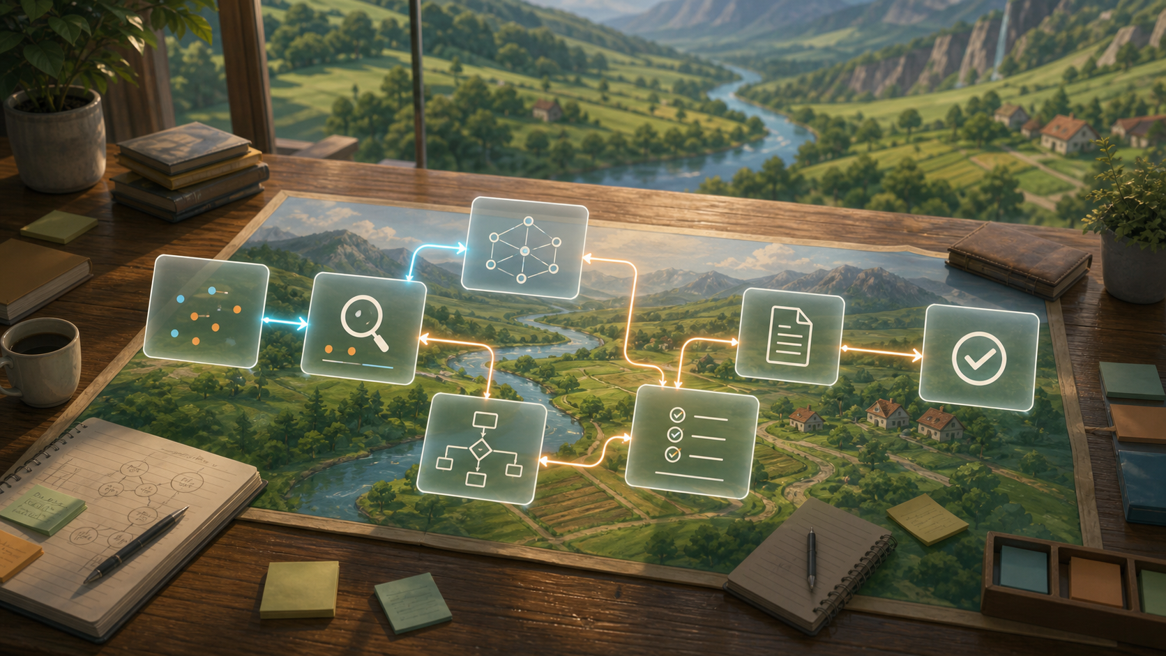 Visuele Ai-workflow routekaart in Forgelab stijl